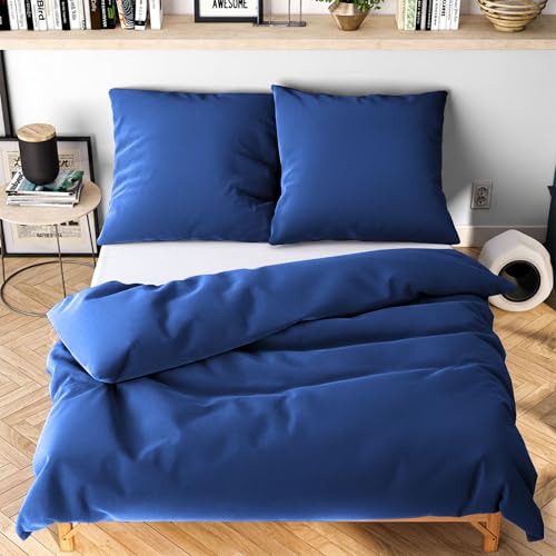 Wolkenfeld Bettwäsche 135x200 4teilig – Marine Blau - kuschlig weich & bügelfrei – ÖKO-TEX Zertifiziert – Mikrofaser Bettwäsche-Sets 2X Bettbezug 135