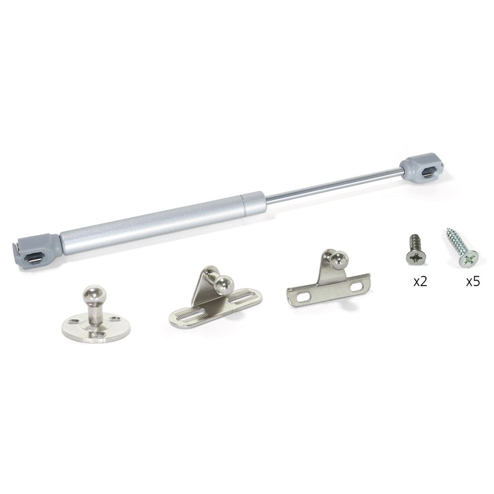 Emuca 1274325 100 mm 11 kg Force Gas Strut Stay Lift Cabinet Cupboard Door Soft Close Hinge with Brackets and Fixing Screws - Paint Aluminium (Pack of 10)