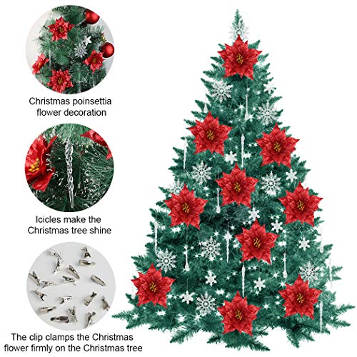 Outgeek 24 Pcs Poinsettia Christmas Flower Decoration and Icicles and Fixing Clip Set Christmas Glitter Artificial Flowers Red Christmas Tree Ornament