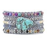 YGLINE Handmade Wrap Bracelet Turquoise, Jasper & Amazonite Natural Stones Leather Charm 5 Strands Boho Bracelet