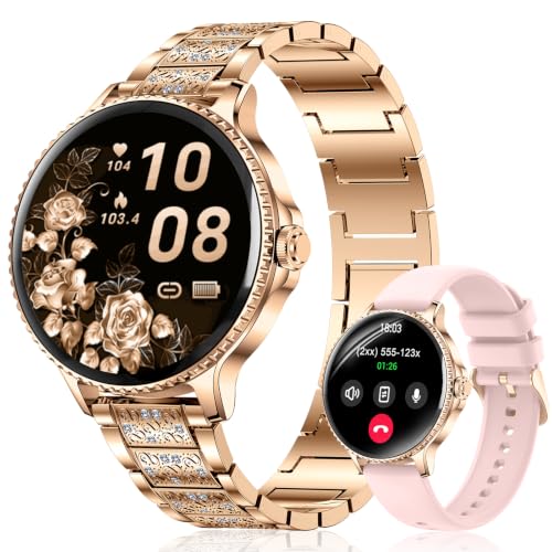 Reloj Inteligente Mujer 1,27" Smartwatch Redondo con Llamadas Bluetooth, Frecuencia Cardíaca SpO2 Sueño, 120+ Modos Deportivos, IP68 Resistente al Agua, 2 Correas, Compatible con Android iOS, Oro Rosa