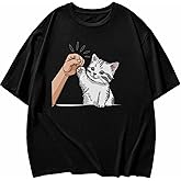 Cat Shirts Graphic Tees for Women, Shake Hands Funny Womens Oversized T Shirt Crewneck Short Sleeve Casual Tops
