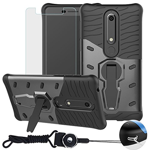 Nokia 6.1 Case, Nokia 6 2018 Case (Not Fit For Nokia 6"), BestAlice Hybrid Heavy Duty Protection Kickstand Armor Case Cover & Tempered Glass Screen Protector & Neck Lanyard Cord, Grey