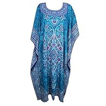 Mogul Interior Women's Kaftan Caftan Blue Printed Nightgown Lounge Dress One Size