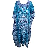 Mogul Interior Women's Kaftan Caftan Blue Printed Nightgown Lounge Dress One Size