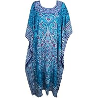 Mogul Interior Women's Kaftan Caftan Blue Printed Nightgown Lounge Dress One Size
