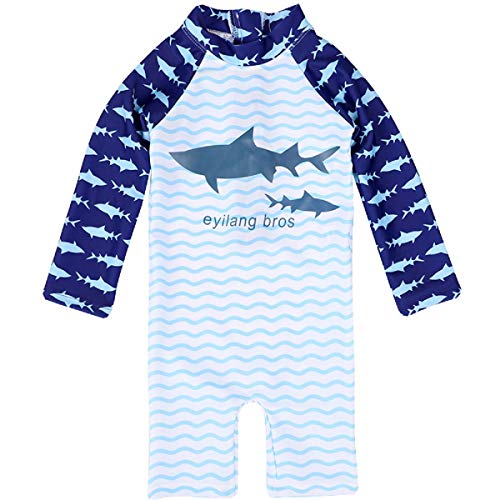 Little Boys Long Sleeve Sun Protection One-Piece Swimsuit Baby Toddler Boys Rash Guard Set Kids Round Neck Swimwear Blue