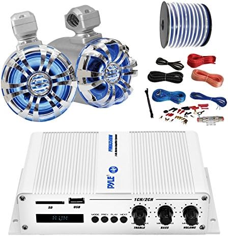 PyleMarine PFMRA350BW 2-Channel Bluetooth White Amplifier, Pyle 6.5" Wakeboard Waterproof IP44 Rated Tower Silver LED Speakers (Pair), Amp Install Kit, 18-G 50 Ft Speaker Wire