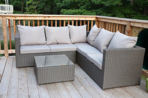 Oliver Smith - Large 4 Pc Modern Rattan Wiker Sectional Sofa Set Outdoor Patio Furniture - Fully Assembled - Aluminum Frame with Ottoman - 908 Grey