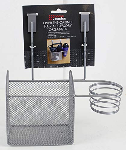 Home Basics Steel Over Door Bathroom Hair Care & Hot Styling Tool Organizer Storage Basket for Hair Dryer, Flat Irons, Curling Wands, Hair Straighteners, Silver