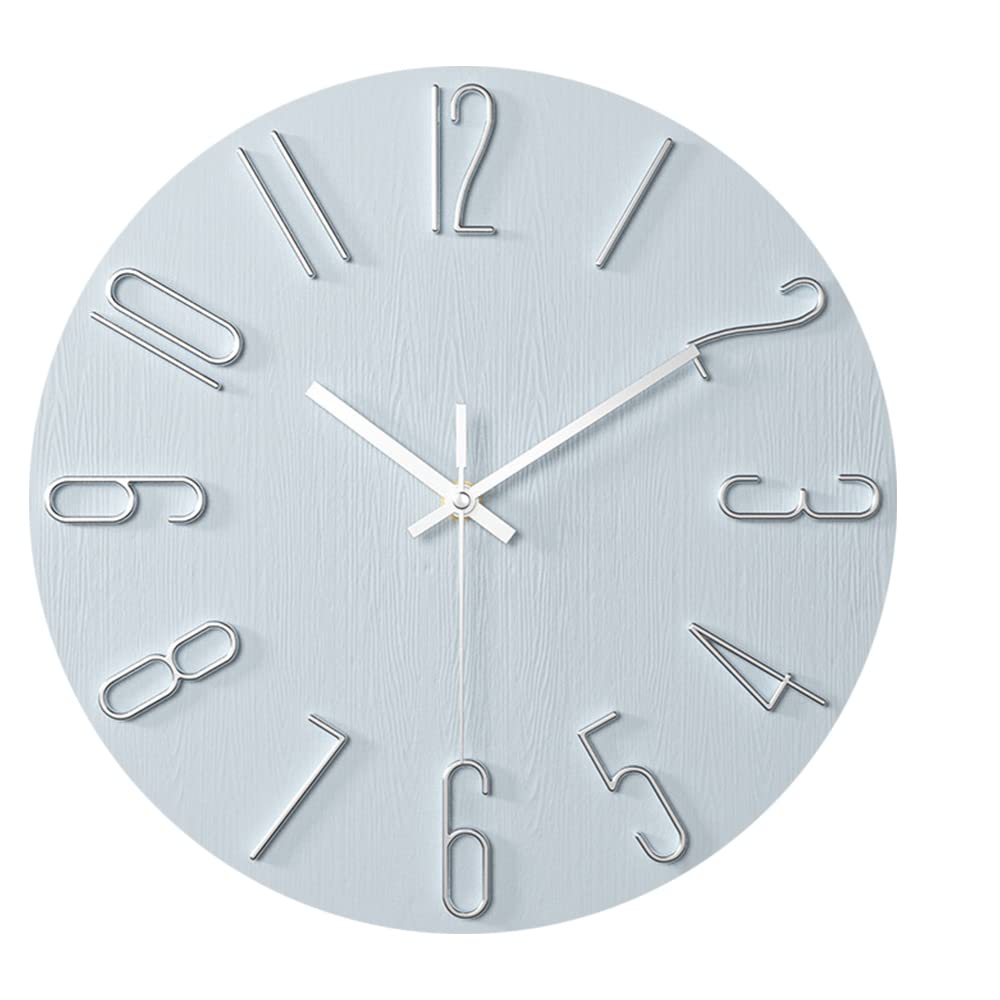 ALEENFOON 12 Inch Round Non-ticking Wall Clock, 3D Large Number Modern Quartz Silent Frameless Ultra Thin Wood Grain Wall Clocks for Home Living Room Office Kitchen School (Silver)