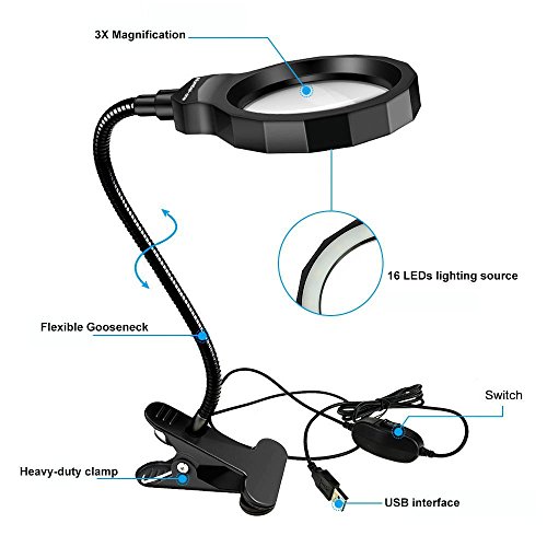 BicycleStore Magnifying Glass Light Illuminated Magnifier 3X LED Magnified Glass USB Powered Magnifier with Clip for Reading, Crafting, Jewelry Design, Hobby and More