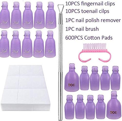 Aabbye 20pcs Acrylic Nail Tips & Foot Soak Off Clip Caps + 1pc Stainless Steel Nail UV Gel Polish Scraper Remover + 500pcs Nail Wipe Cotton Pads + 1pc Nail Hand Cleaning Brush