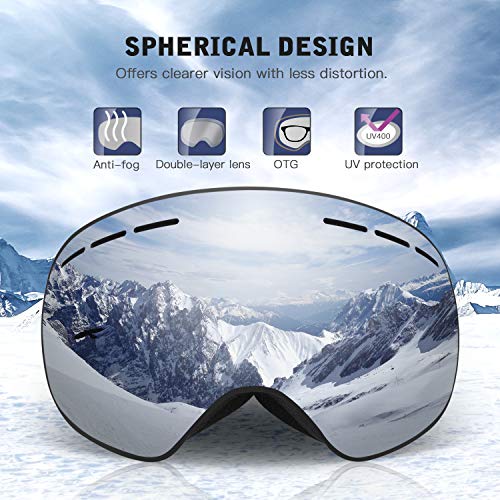 Rhino Valley Frameless OTG Ski Goggles, Snowboard Goggles Anti-Fog 100% UV Protection, Dual Lens Snow Eyewear Helmet Compatible for Skiing Skating & Winter Snow Outdoor Sports for Men Women Youth