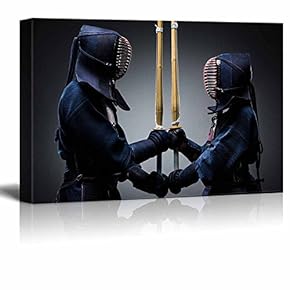Canvas Prints Wall Art - Two Kendo Fighters with Shinai Opposite Each Other | Modern Wall Decor/Home Decoration Stretched Gallery Canvas Wrap Giclee Print. Ready to Hang - 12" x 18"