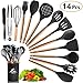 MIBOTE 14PCS Silicone Cooking Kitchen Utensils Set with Holder, Wooden Handles BPA Free Non Toxic Silicone Turner Tongs Spatula Spoon Kitchen Gadgets Utensil Set for Nonstick Cookware (Black)