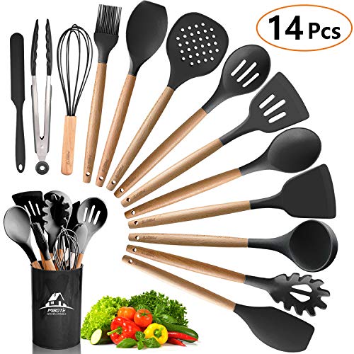 MIBOTE 14PCS Silicone Cooking Kitchen Utensils Set with Holder, Wooden Handles BPA Free Non Toxic Silicone Turner Tongs Spatula Spoon Kitchen Gadgets Utensil Set for Nonstick Cookware (Black)