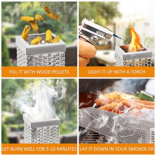 DIMESHY Pellet Smoker Tube - 12" 304 Stainless Steel for Cold or Hot Smoking Wood Pellet Tube Smoker, Work with All Grills or Smokers, Bonus Storage Bag Include, Square