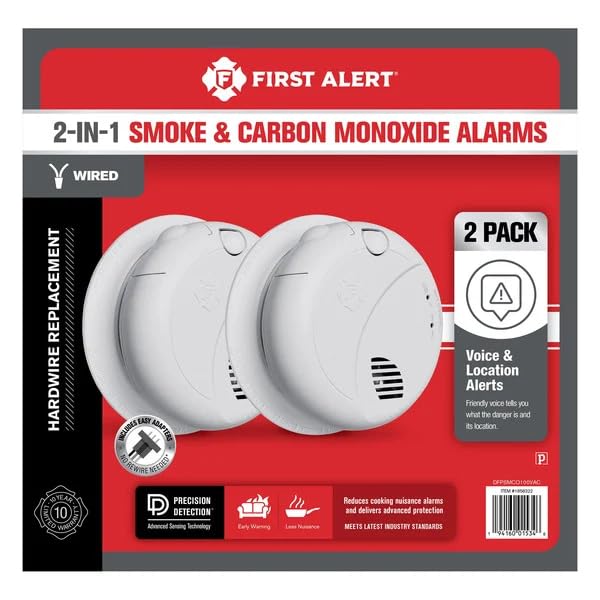 Photo 1 of First Alert Combination Smoke & Carbon Monoxide Alarm, Interconnect Hardwire Detector with Battery Backup and Voice & Location Alerts, SMCO100V-AC, 2-Pack (2-Pack)