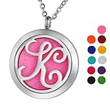 VALYRIA Monogram K Aromatherapy Essential Oil Diffuser Necklace-Stainless Steel Letter Locket Pendant with 11 Refill Pads