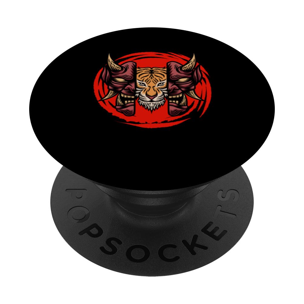Cool Tiger behind Samurai Warrior Mask Japanese - For Men PopSockets Swappable PopGrip