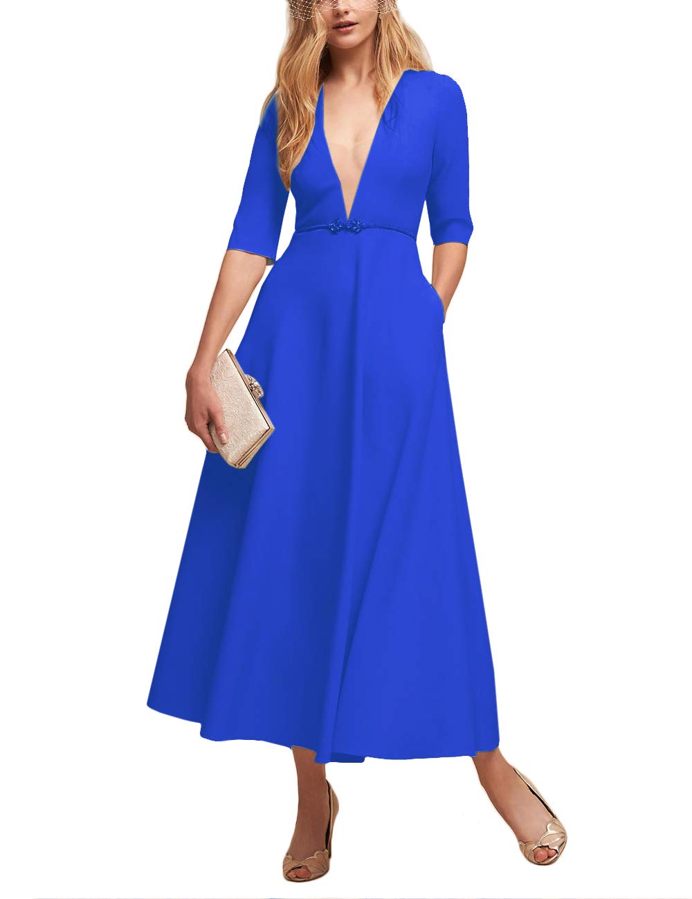 Eiffel Women Half Sleeve Plunge V Neck Cocktail Party Long Maxi Dress