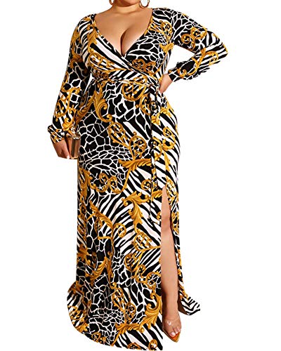 Plus Size Long Maxi Dresses with Slit Geometric Vneck Boho Wrap Dresses Gold Black 4X