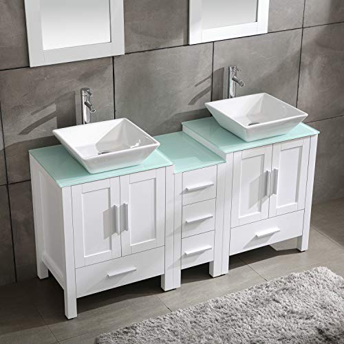 60" Bathroom Vanity Cabinet with Double Sink Combo Glass Top White MDF Wood w/Mirror Faucet Drain Set