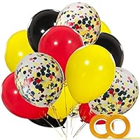 BUENAVO Mickey Color Balloons 40 Pack, 12 Inch Red Black Yellow Latex Balloons with Confetti Balloon for Baby Shower Birthday Party Decorations Supplies with Ribbon