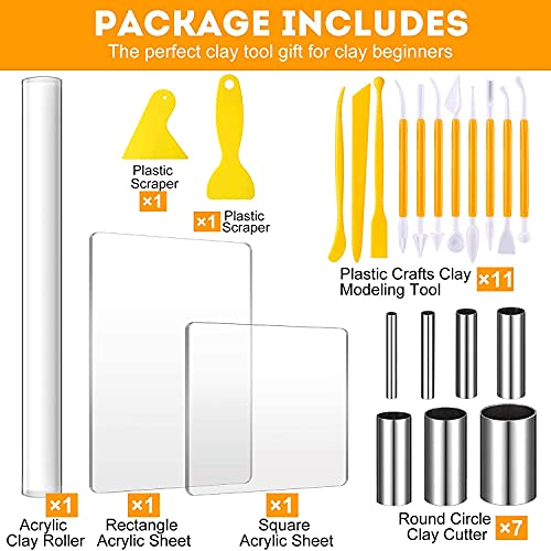 KASTWAVE 23 Pieces Clay DIY Tool Set, Acrylic Clay Roller, Acrylic Sheet, Plastic Scraper Backing Board, Stainless Steel Round Circle Shape Cutter, Plastic Polymer Clay Shaping Tool for DIY Craft