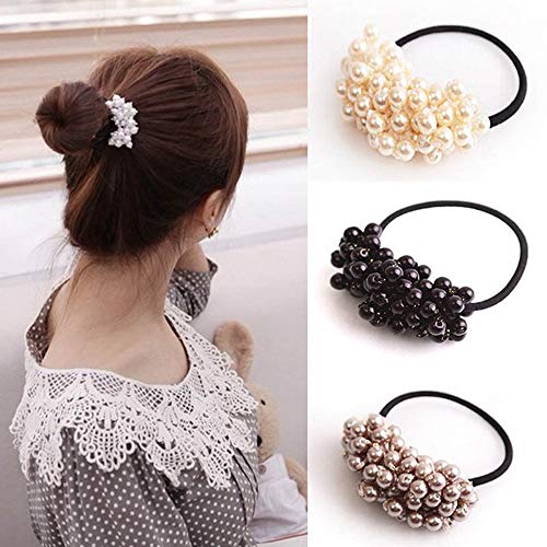 DondPO Fashion Rhinestone Crystal Pearl Hair Band Rope Elastic Ponytail Holder for Women and Girls Black