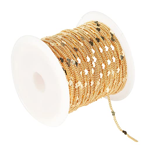 YOUBEIYEE 10 Meters Light Gold Chains for Jewelry Making, 18k Gold Plated Brass Flat Heart Curb Link Chain Women Necklace Bracelet DIY Jewelry Chains Bulk