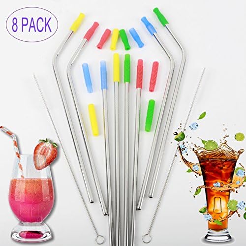 Stainless Steel Straw Tumblers 30oz Reusable StrawsFor Cold Beverage Bottle Cup Mugs -Kids Set of 8 with 2 Cleaning Brushes (Silver)