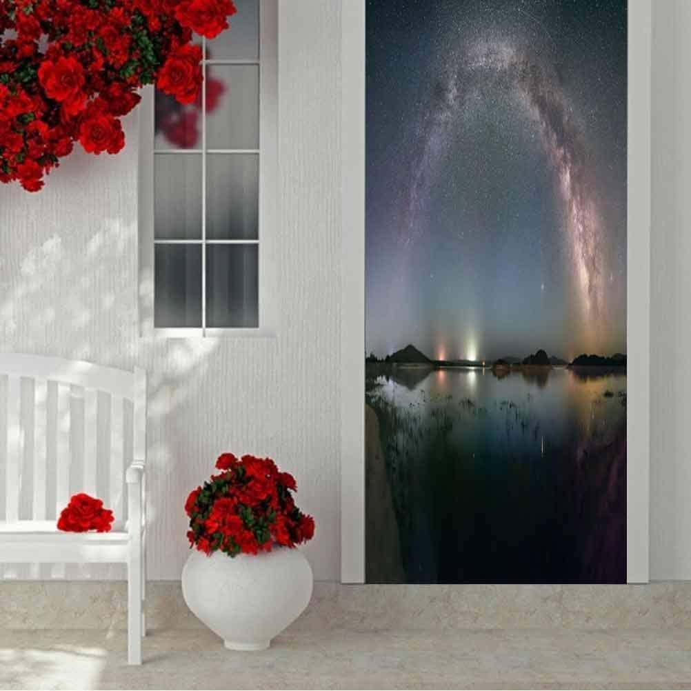 3D Door Sticker Wall Decals Mural Wallpaper, The Duolun Lake Under The Milky wayin Inner Mongolia China, Self Adhesive Peel and Stick Removable Wallpaper Wall Decal 30.3 x 78.7 Inch
