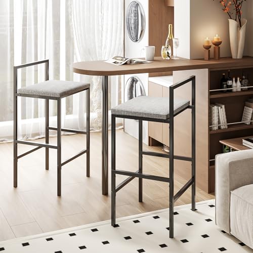 SIMPLE HOGAR Bancos para Barra, Juego de 2 Taburetes de Bar, Bancos para Barra de Cocina de Madera de Hierro y Tela. (Negro + Gris)