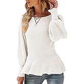 Womens Fall Puff Sleeve Peplum Casual Slim Fit Knit Pullover Sweater Jumper Tops