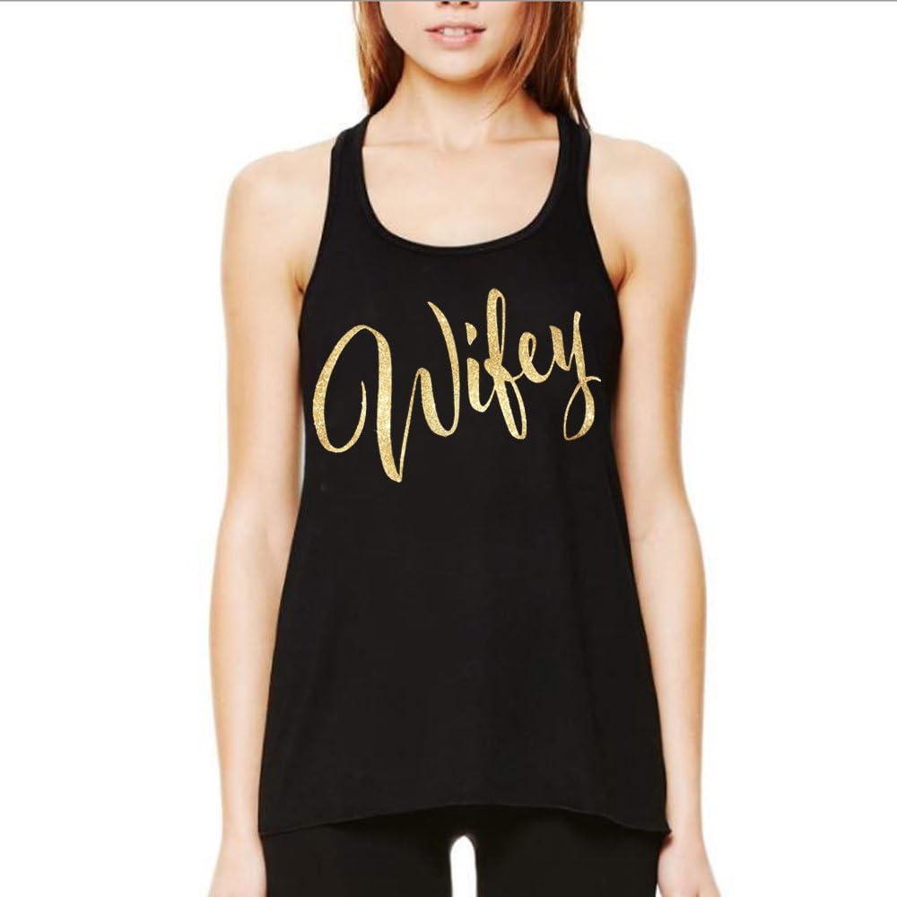 Classy Bride Flowy Wifey Tank Top - Black with Glitter Gold