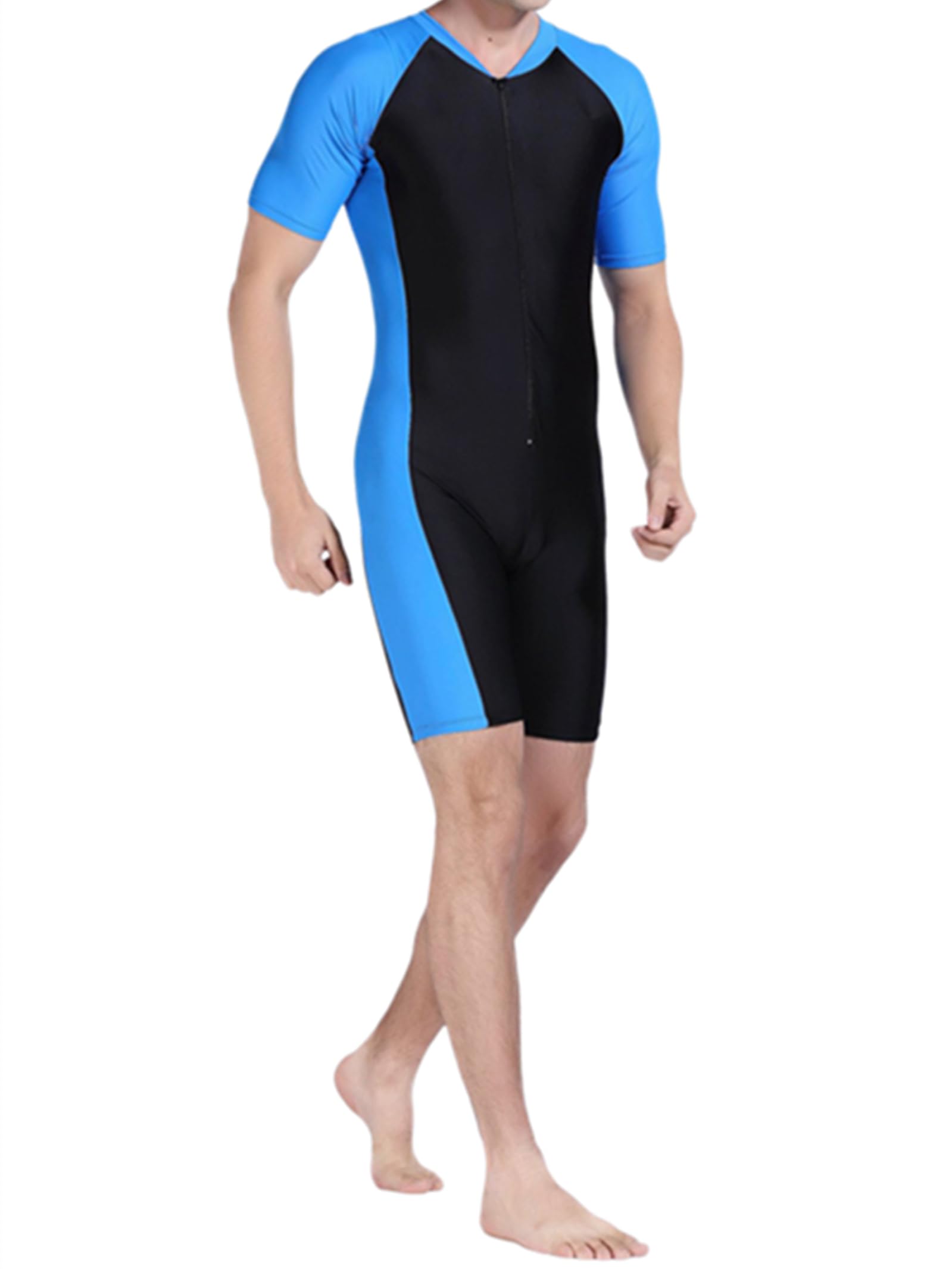 WOWDECOR Surfing Swimming Swimsuits for Women Men One Piece Short Sleeve Sun Protection Rash Guard Suit Blue Pink (Men, 2XL(Height: 5'9"-6'2"))