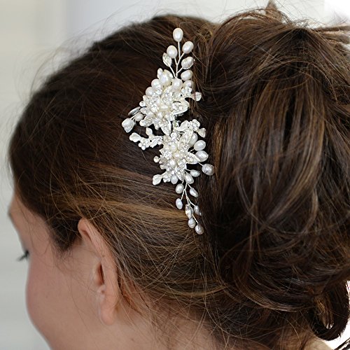 Mariell Genuine Freshwater Pearl Wedding Hair Comb - Designer Bridal Headpiece with Crystal Sprays