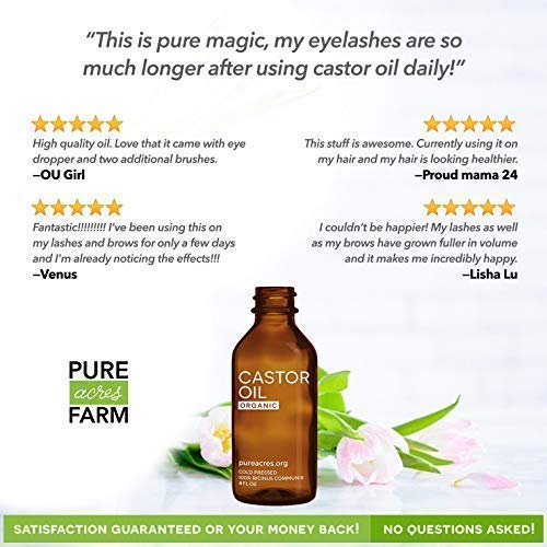 Castor Oil - USDA Certified Organic - 100% Pure, 4 ounce, Cold-Pressed, Extra-Virgin, Hexane-Free. Best Serum For Eyelash, Hair, Eyebrows & Skin - Boost Growth Naturally - with Applicator Brush Kit