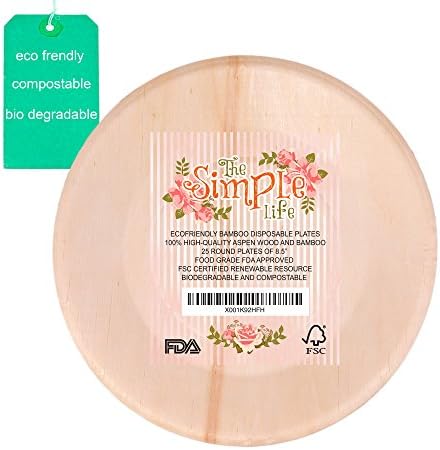 Disposable Bamboo Wood Plates, Eco-Friendly Sturdy Elegant Party Dinner Plates 8.5” Pack of 25, Strong Perfect for Dinner, Wedding, Camping or Barbecue Easy Clean-up!