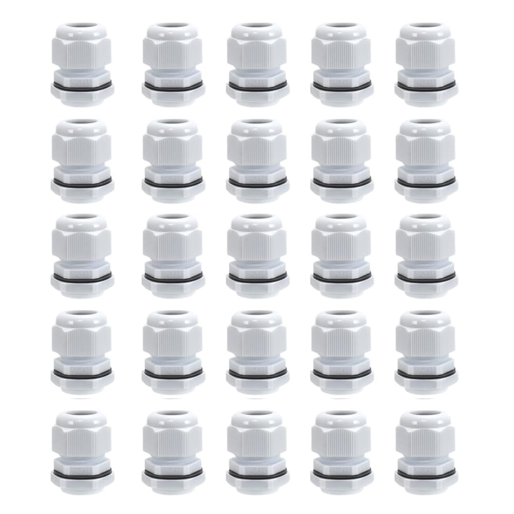 AVARTEK 25 Pack 20mm Nylon Cable Glands, Suitable for 6-12mm, M20 Thread IP68 Gland Connectors (White)