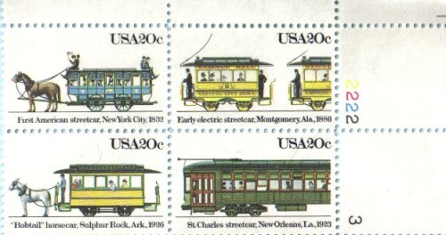 STREETCARS ~St. Charles Streetcar ~ Bobtail Horse Car ~ Electric Streetcar ~ First American Streetcar in New York City #2062a Plate Block of 4 x 20 cents of US Postage Stamps