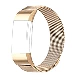 POY Metal Replacement Bands Compatible for Fitbit Charge 2, Milanese Loop Stainless Steel Bracelet Smart Watch Strap with Unique Magnet Lock, Large Gold