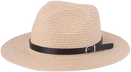 Andeker Panama Style Straw Fedora Hat Unisex Foldable Wide Brim Sun Hat with PU Leather Band (Khaki)