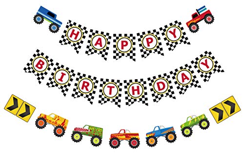 Monster Truck Birthday Banner, Cars Trucks Birthday Sign with Garland, Vehicle Boy Birthday Bunting