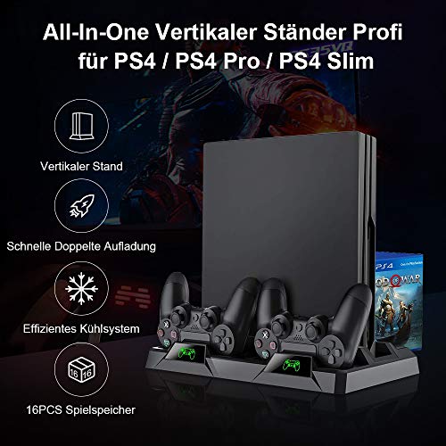 PS4 Vertikaler Standfuß, bedee PlayStation 4 Vertikal Stand mit Kühler Lüfter, DualShock 4 Controller Ladestation mit LED, Ladegerät mit 16 Spielaufbewahrung für Alle PS4/PS4 Slim/PS4 Pro