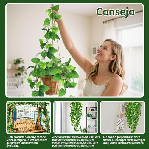 4 Piezas Plantas Colgantes Artificiales,Planta de Vid Adornos,Enredaderas Artificiales con Macetas,Hojas Falsas Decorativas,Decoración de Interior y Exterior,Para bodas,terrazas, casas,dormitorios