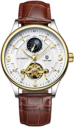 QTMIAO Beautiful TEVISE Watch TEVISE Hollow Automatic Mechanical Watch Moon Phase tourbillon Men's Watch