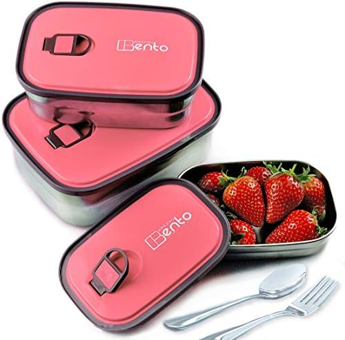 Best Stainless Steel Bento Lunch Box for Kids & Adults, Leak Proof Food Containers, Storage Set 3 in 1 with Lids Includes FREE Cutlery & Recipes E-book